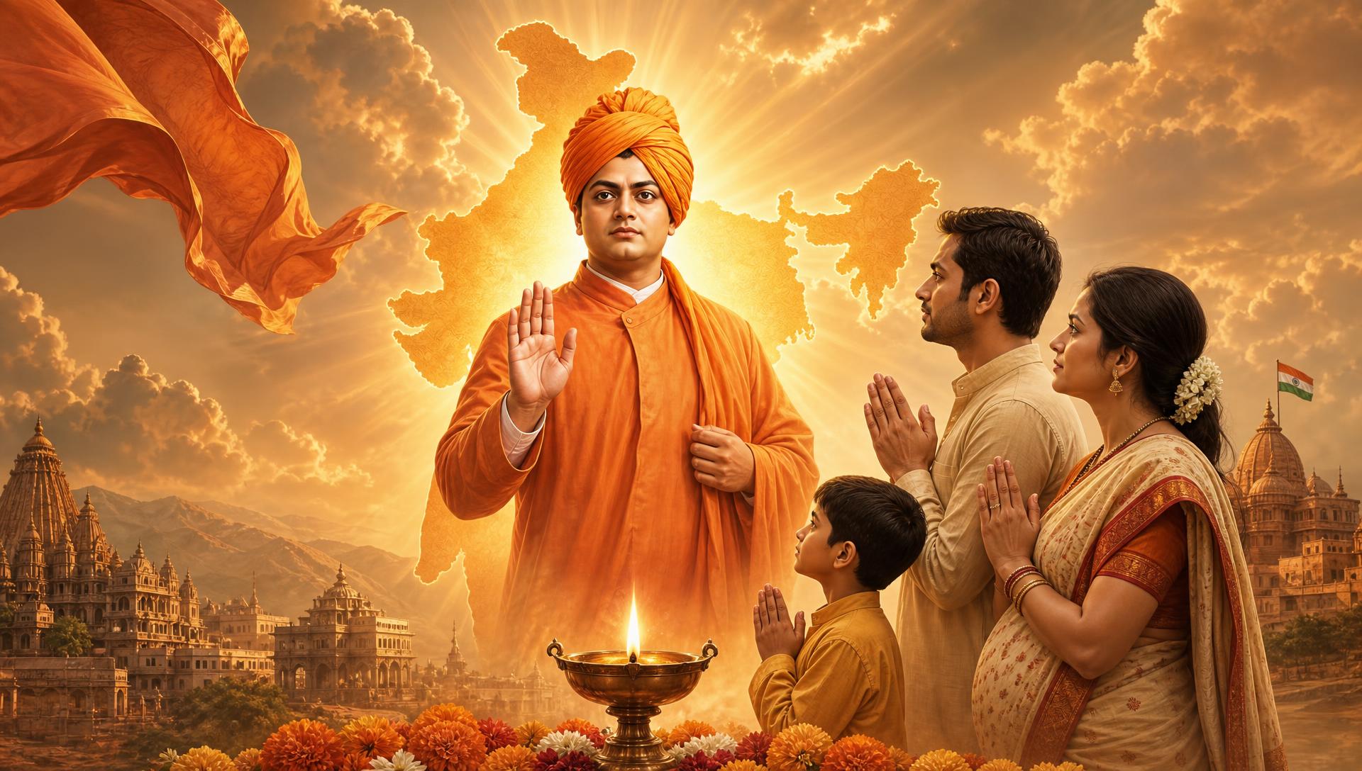 સ્વામી વિવેકાનંદ, ભારતનો નકશો અને પ્રાર્થના કરતો પરિવાર